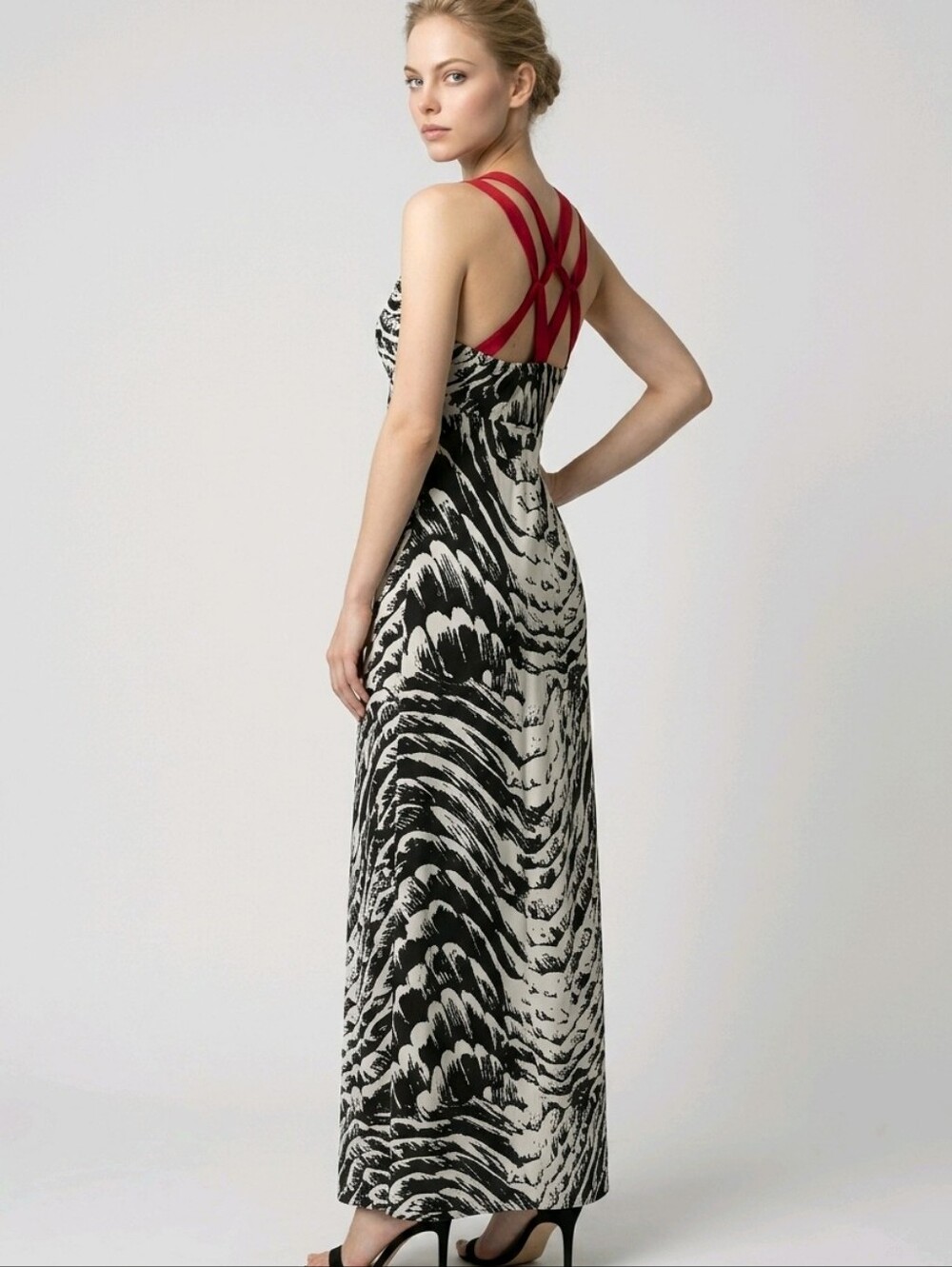 Express Black & White Printed Maxi Dress with Red Strappy Back